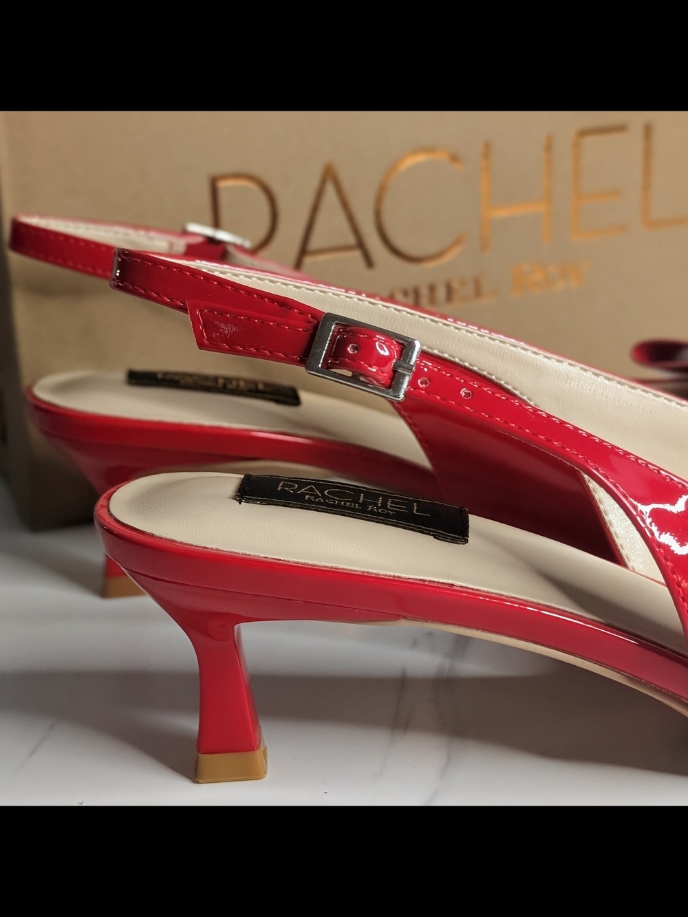 Rachel Roy Red Patent Slingback Heels Bow Pointed Toe Size 8 NIB - Picture 2 of 8